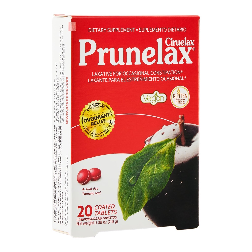 Prunelax Ciruelax Força Regular Laxativo Mini Comprimidos - Overnight Relief para Obstipação Ocasional, Extrato de Sena, Vegan & Gluten-Free, Alívio Gentil - 20ct