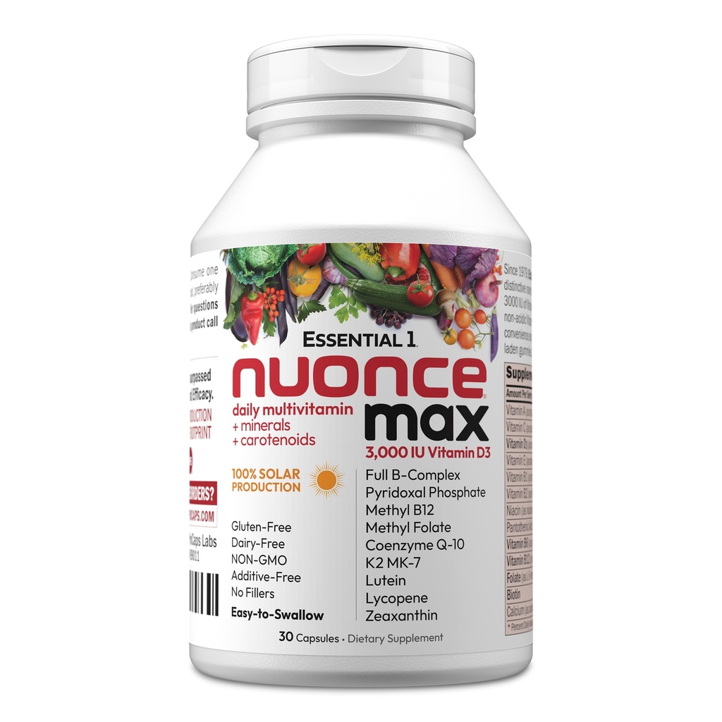 ANDREW LESSMAN Essential-1 nuonce max Multivitamin 3000 UI Vitamina D3 30 Cápsulas Pequenas. 100 mcg Metil B12. CoQ10 Lutein Lycopene Zeaxantina. Alta potência. Sem aditivos. Cápsula diária Ultra- Mild One