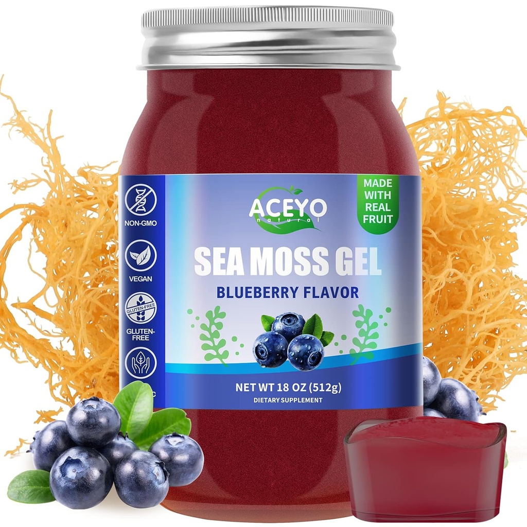 ACEYO (18 OZ) Irish Sea Moss Gel orgânico Raw Vegan Blueberry Flavor 102 Vitaminas e Minerais Selvagem Colhida Não-GMO Imune Defesa Booster Thyroid Digestive Support