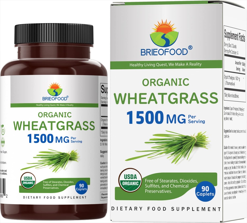 Brieofood Wheatgrass orgânico 1500mg, 45 Servings, Vegetarian, Gluten Free, 90 comprimidos vegetarianos