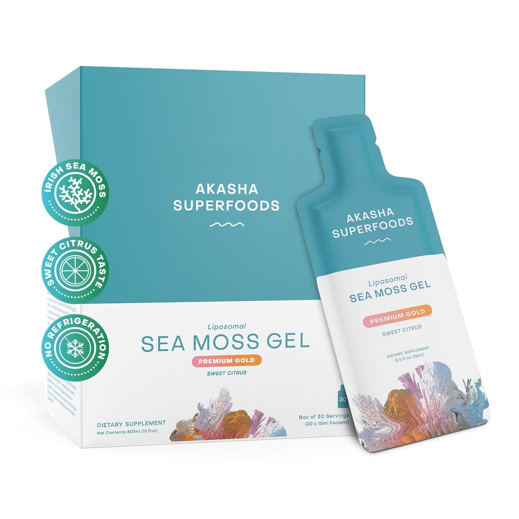 Akasha Superfoods Irish Sea Moss Gel, Liposomal Seamoss with Irish Sea Moss, Vitamina E, Citrus, Baunilha Orgânica, Glicerina, Pele, Energia & Gut Health Support for Women & Men, Sweet Citrus Flavor, 30 Ct