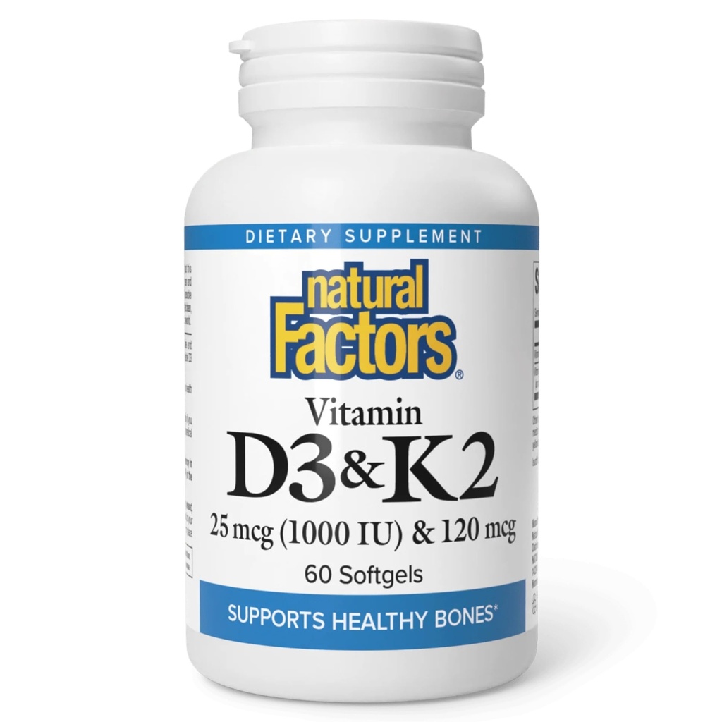 Fatores Naturais, Vitamina D3 & K2 1000 UI e 120 mcg, Suporta Saúde Óssea e Vascular, 60 Softgels