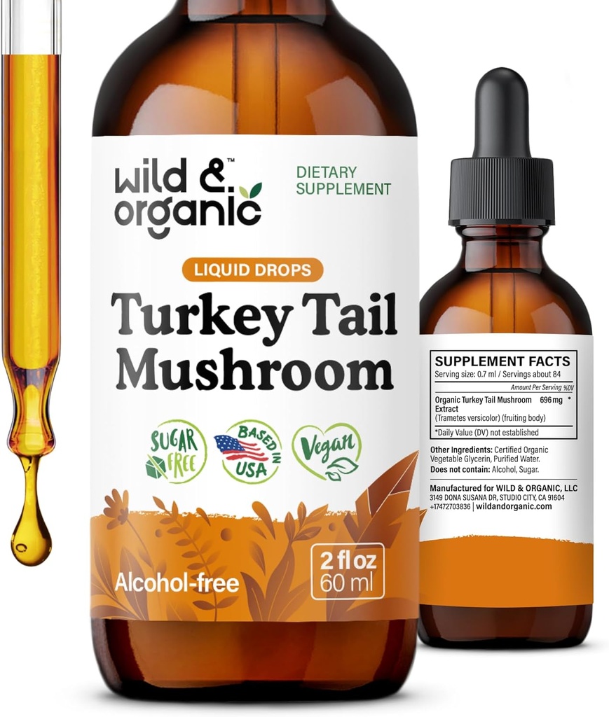 Wild & Organic Turquia cauda Tintura - Immune & Gut Suporte - Turquia cauda cogumelos Extrair Drops - Vegan, Açúcar & Suplemento líquido sem álcool - 2 fl oz