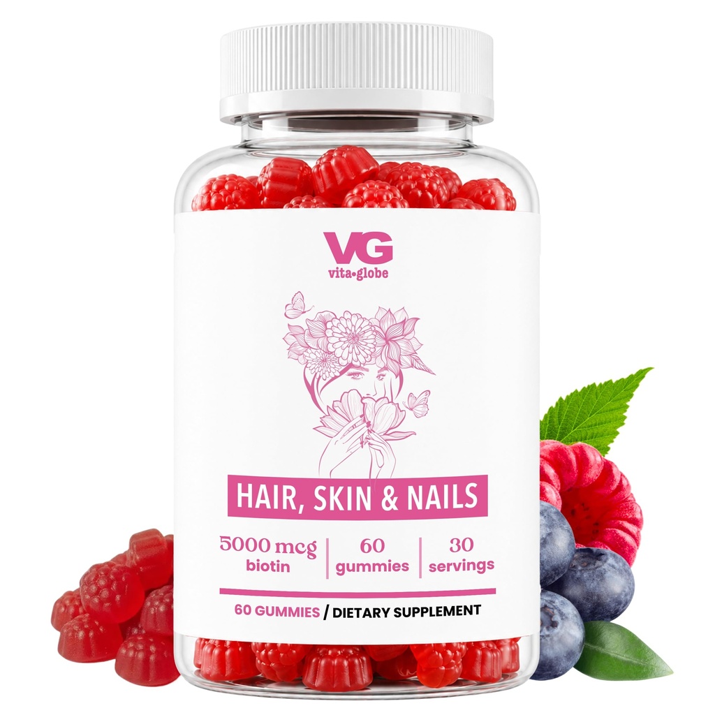 Cabelo VITA GLOBE, pele e unhas + gomas de colagénio – 20mg com vitaminas A, C, D, E, B6 & Biotin – 60 (Pacote de 1)