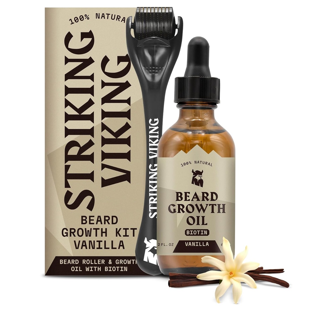 Striking Viking Beard Growth Oil - 2 fl oz, Pack of 1, Vanilla - Thickening Beard Oil com extratos de Jojoba & Argan - Promove o crescimento do cabelo facial & alvos Áreas Patchy - Biotina Fortificada
