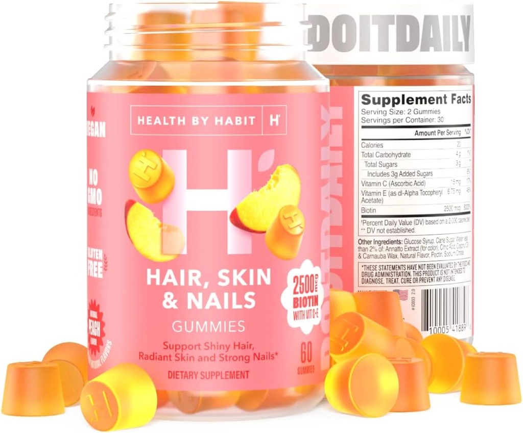 Saúde pelo Habit Habit Hair, Pele e unhas Suplemento (60 chicletes) - 2500mcg Biotina, Vitamina C, Vitamina E, unhas fortes, sabor de pêssego, Vegan, Glúten livre, Não-GMO