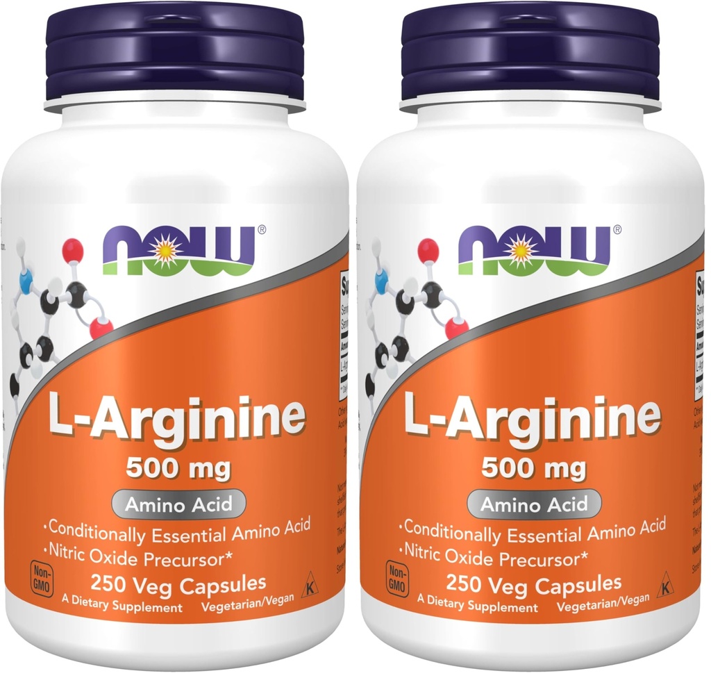 Now Suplementos, L-Arginina 500 mg, Precursor de Óxido Nítrico*, Ácido Amino, 250 Veg Cápsulas (Pacote de 2)