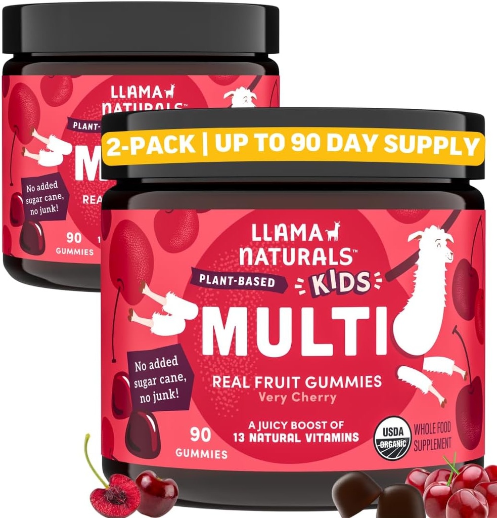 Llama Naturals Kids Multivitamin Gummies, Vegan, Orgânico com vitamina D, C & K, Toddler verdadeira frutas vitaminas Gummy, Suplemento mastigável, Multivitamin de alimentos inteiros, Não adicionado cana de açúcar, Cereja, 2 Pk