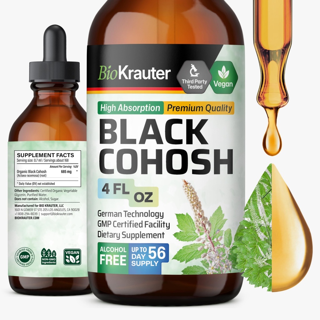 BIO KRAUTER Preto Cohosh Tintura - Vegan Preto Cohosh Suplementos Mulheres Apoio - Álcool e Açúcar Grátis - 4 Fl.Oz.