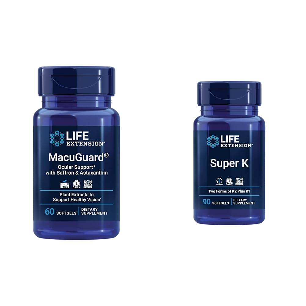 Extensão de vida Suplemento de saúde ocular Macuguard com Lutein, Meso-Zeaxantina, Açafrão e Astaxantina - 60 Conde e Super K Vitamina K1 K2 MK-7 MK-4 Vitamina C - 90 Softgels
