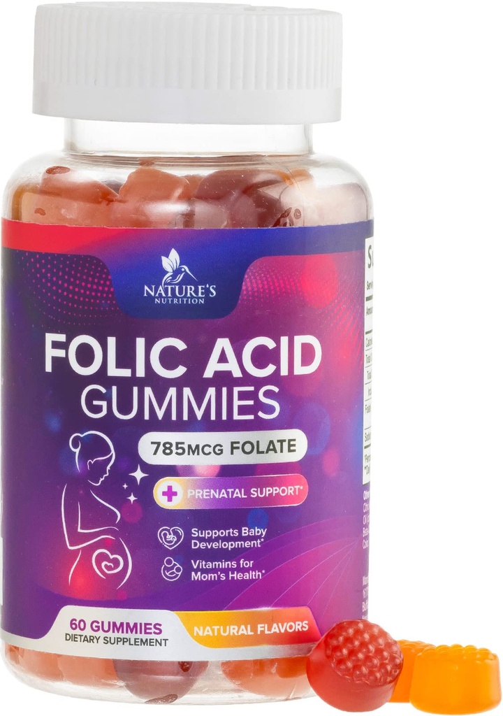Gomas de ácido fólico para as mulheres 785 mcg, Vitaminas pré-natais essenciais para a mãe e bebê, Vegan chiclete suplemento fólico, diária vitamina B9 folato de força extra, Antes durante após a gravidez - 60 chicletes