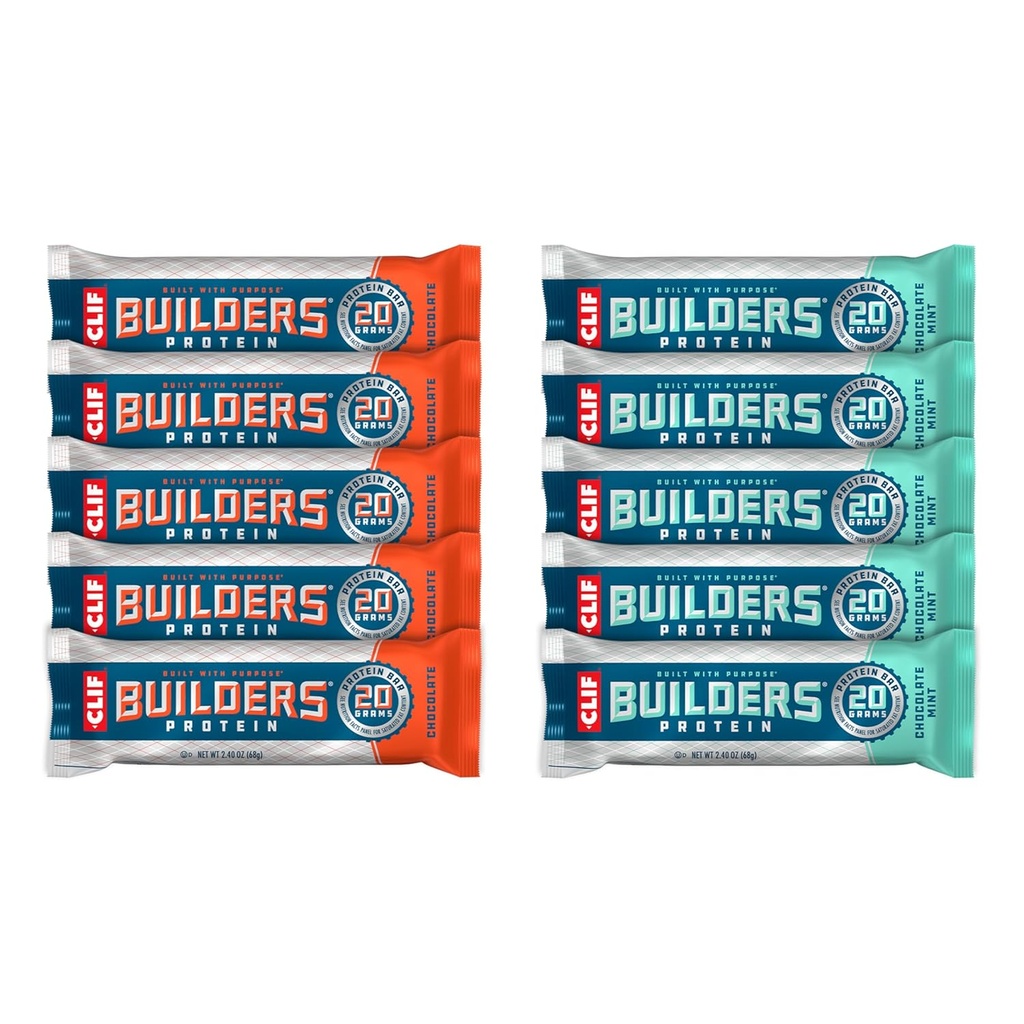 CLIF Builders - Chocolate de hortelã e chocolate de sabor - Variety Pack - Barras de proteína à base de plantas - Gluten Free - Não-GMO - Baixa Glicemia - 20g de proteína - 2.4 oz. (10 contagem)