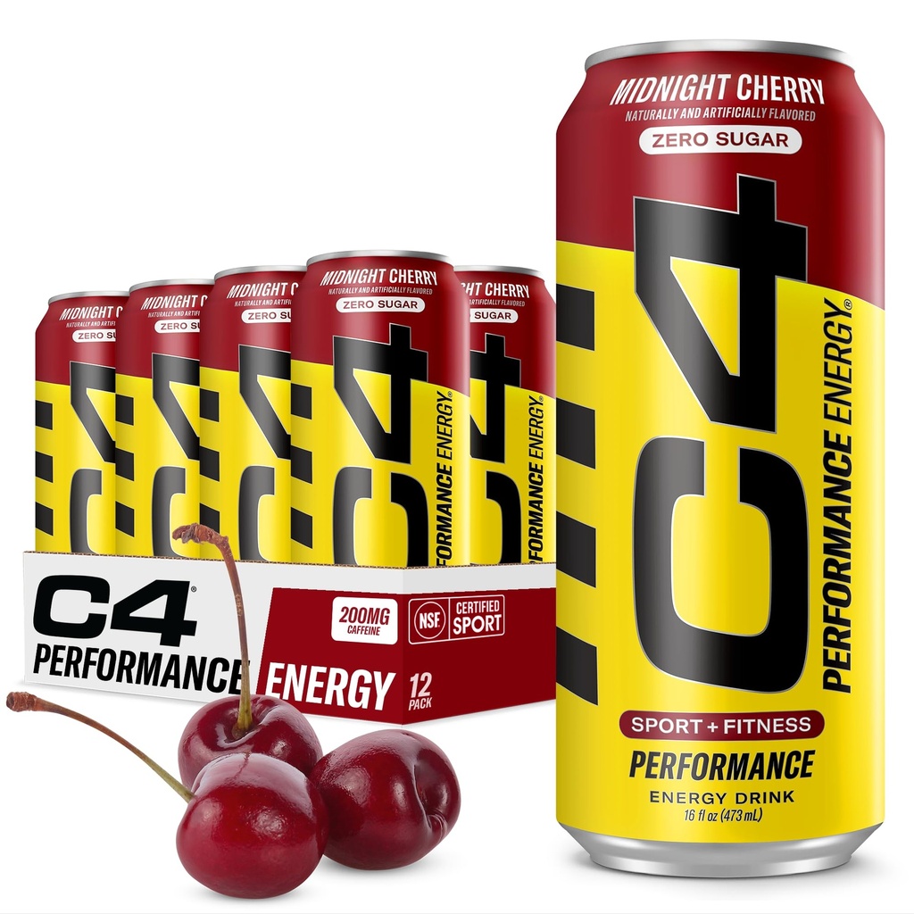 C4 Energia Carbonada Zero Sugar Energy Drink, Bebida pré-treino + Beta Alanine, Cereja Meia-Noite, 16 Fl Oz (Pacote de 12)