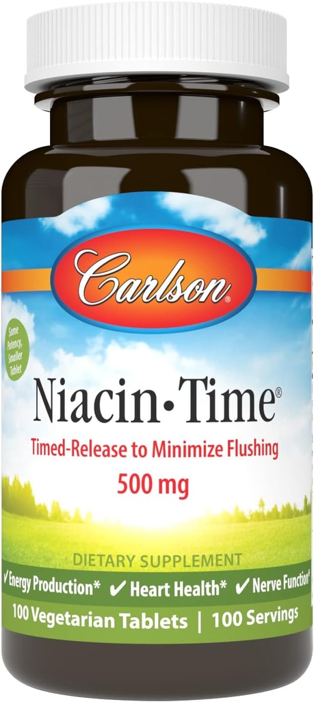 Carlson Niacin-Time 500 mg, Vitamina B-3, Tempo de Libertação, 100 Comprimidos