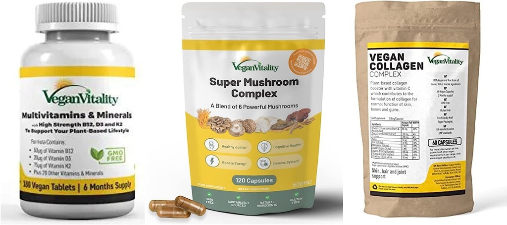 Vegan Vitality Booster Suplementos Bundle - Vegan multivitamins, Colágeno e Super Cogumelo Complexo. Fórmula planta-baseada de alta força para a saúde geral para vegans e vegetarianos