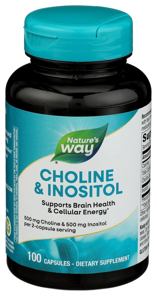 Choline & Inositol da maneira da natureza, Suporta a saúde do cérebro e energia celular*, 500 mg Choline & 500 mg Inositol por 2 cápsulas servindo, Gluten Free, 100 Cápsulas (Pacote em maio Vary)