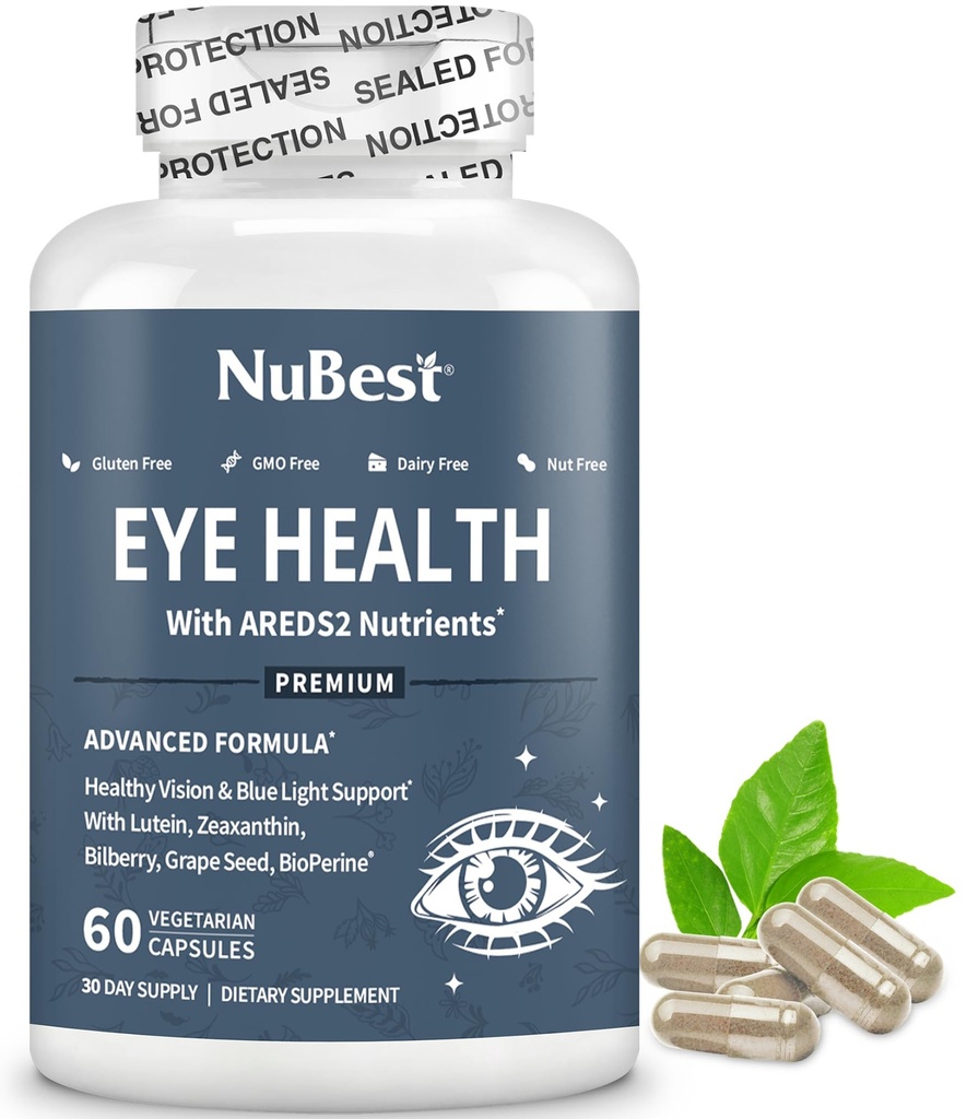 NuBest AREDS 2 Vitaminas Oculares com Beta Carotene Cenoura Pó, 20mg Lutein, 4mg Zeaxanthin, Bilberry, Sementes de uva, BioPerine, B-Complexo, Multivitamino para a saúde ocular