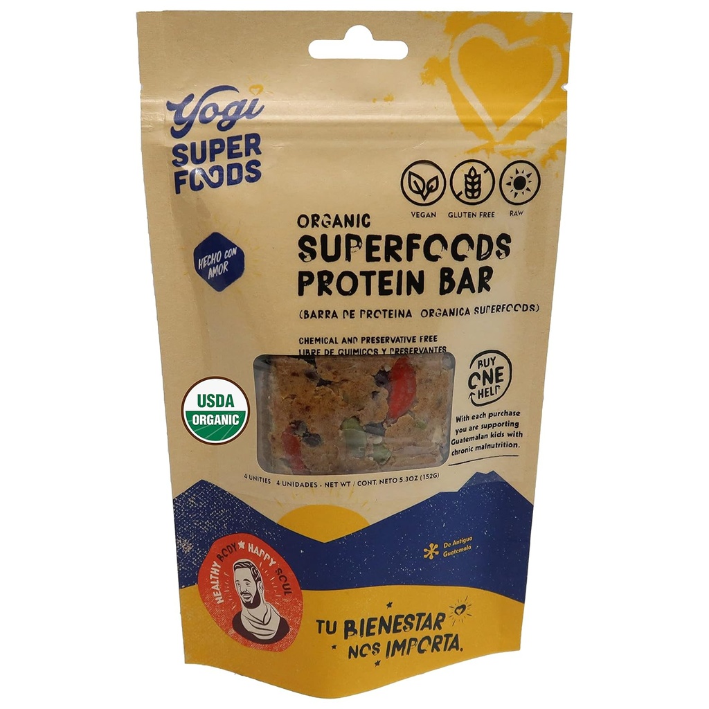 Yogi Super Foods Maca Protein Bares com Cacao para Energia Saudável - Raw, Vegan, Glúten livre, Baixo Glicêmico Superalimentos Snack Bares de Alimentos com Proteína Planta, Pó de cacau e Granola - 4 Bares