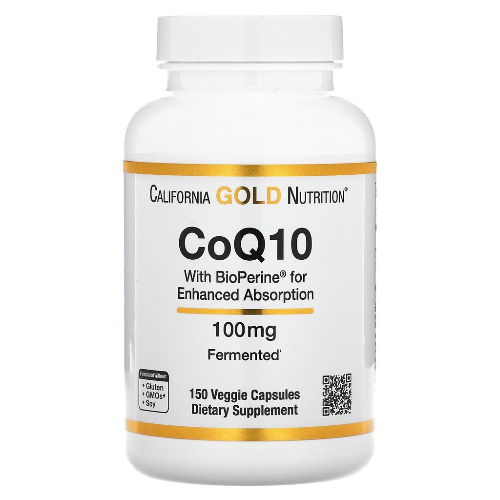 CoQ10 por California Gold Nutrition - USP-Verificado, Fermentado Coenzima Q10 com BioPerine - Apoio mitocondrial - Vegan Friendly - Gluten Free, Não-GMO - 100 mg - 150 Cápsulas Veggie