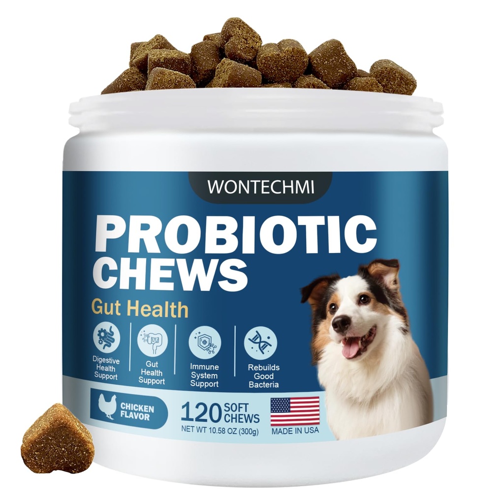 Probióticos para cães, melhorar coceira pele Comichões orelhas, Gut Saúde, equilíbrio de levedura, alergias, imunidade, probióticos do cão e enzimas digestivas com prebióticos, reduzir a diarreia (frango, 120 mastigações)
