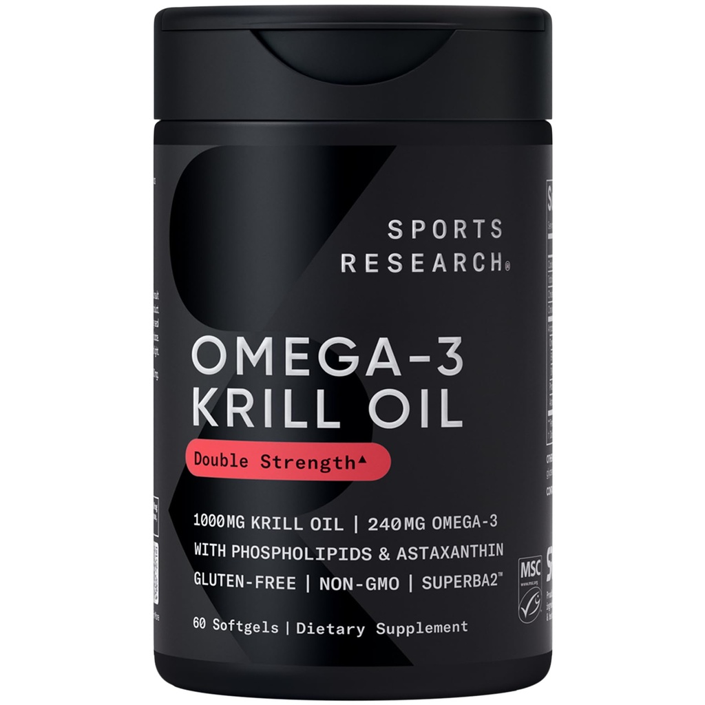 Sports Research Krill Oil Supplement with EPA & DHA Omega 3, Phospholipids & Astaxantina from Antártico Krill - Maior Concentração de Óleo de Krill para Homens e Mulheres - 1000mg, 60 Cápsulas Softgel