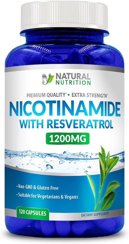 Genéricos Natural Vitamina Extra Strength Nicotinamida with Resveratrol 1200mg (Vitamina B-3) 120 Cápsulas Veggie Gluten Free & Non-GMO