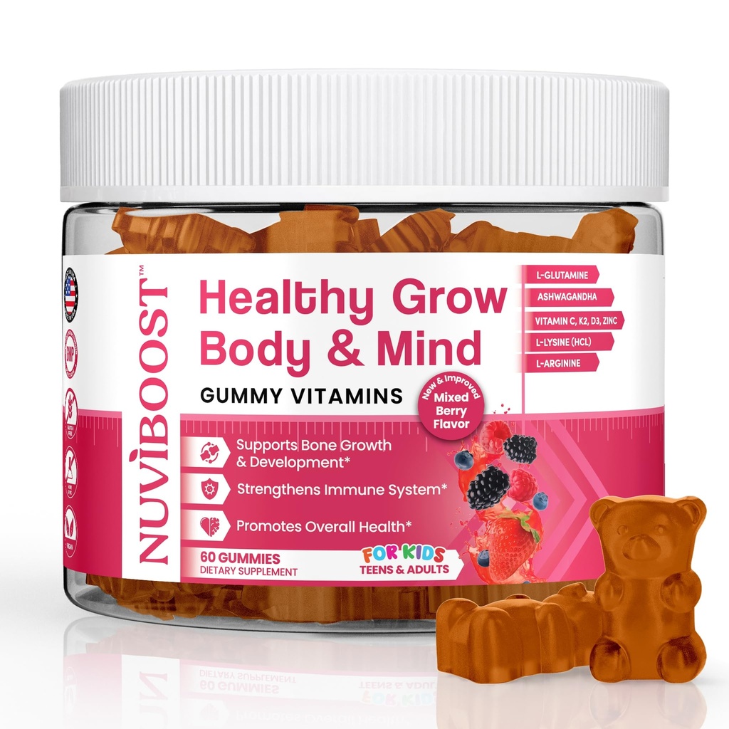 Gummies de crescimento saudável altura de crescimento rico em cálcio, vitaminas C, D3, K2, L-Arginina, Ashwagandha, e outros, aumentar a saúde óssea e imunidade, multivitamina, para crianças 5+, adolescentes e adultos.