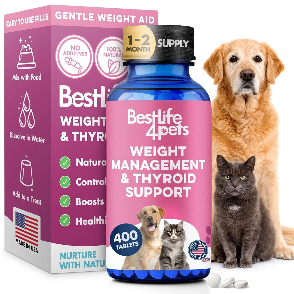 Peso e suporte da tireóide para cães e gatos, solução natural para controle da fome, suporte do metabolismo, função ideal da tireóide, perda eficaz do peso do cão e do gato, 400 Odorless, pílulas sem gosto
