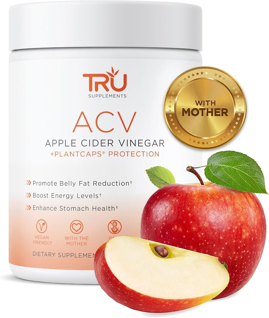 Suplementos TRU ACV, Apple Cider Vinagre, ACV orgânico com a mãe, melhora a digestão e saúde da pele, 45 Servings, 1000mg