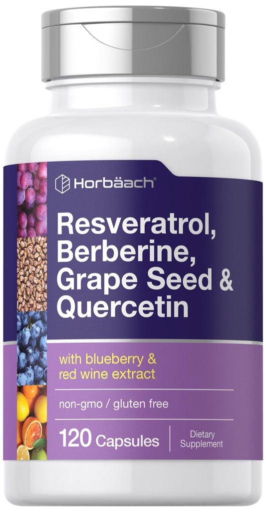 Horbäach Resveratrol Berberine Sementes de Uva & Quercetin com Blueberry & Red Wine Extract □ 120 Cápsulas Não-GMO, Sem glúten e Suplemento Vegetariano