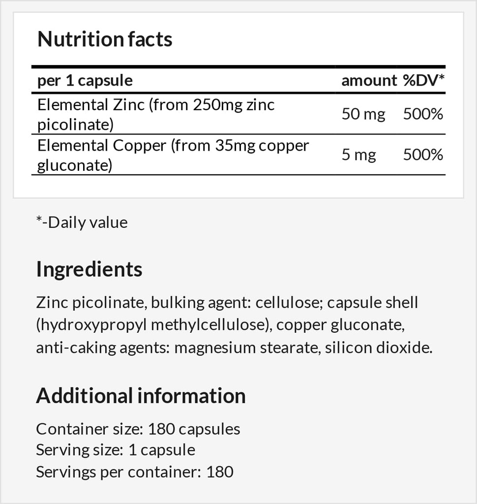 Z-Balance - Zinc 50mg + Cooper 5mg - 180 Cápsulas Vegan - 6 Meses de Fornecimento - Zinc picolante e Cooper gluconato Suplemento para cabelos saudáveis, pele e unhas - por Hegemonia de Apollo