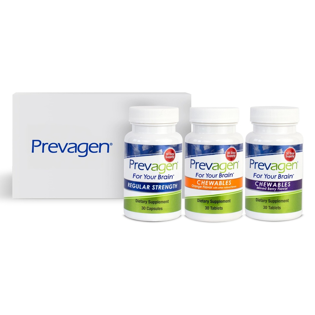 Prevagen Variety Pack - 90 Count (3 Mês de Fornecimento) Ou cápsulas de força regular, mastigações mistas de cereja, e mastigações de laranja 10mg de Apoaequorin Plus Vitamina D3
