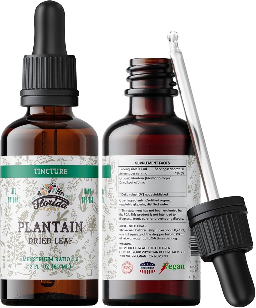 Tintura de banana, extrato orgânico de banana (Platago Major) Suplemento de saúde de folhas secas, não-GMO em Glicerina vegetal orgânica a frio 2 onças, 670 mg