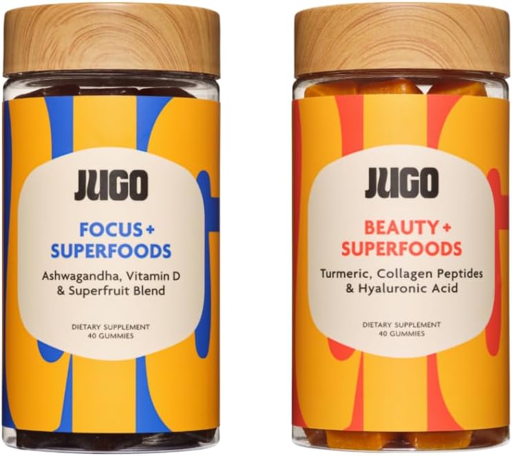 JUGO Beauty + Focus Gummies Bundle – Ashwagandha, Collagen & Biotin – Suporta foco, alívio de estresse, cabelo, pele e unhas – Baseada em plantas, sem glúten