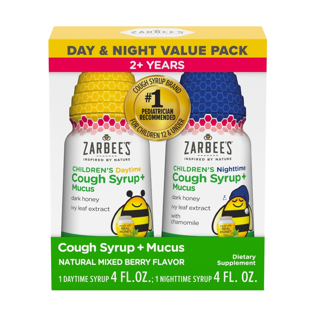 Zarbee's Children's Honey Tosse Syrup + Mucus Day & Night Value Pack, Daytime & Nighttime Toddler Tosse Syrup, Dark Honey, Ivy Leaf Extract, Camomila, Mixed Berry Flavor, 2X 4 Fl Oz