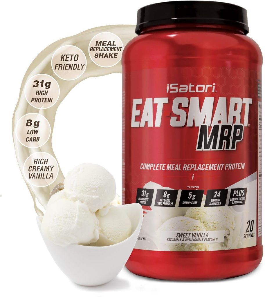 iSatori Comer MRP inteligente, alta proteína de substituição de farinha Shake com pó de proteína de soro de leite, pó de probióticos, proteína de caseína, óleo de MCT, Álbum de ovos, vitaminas e minerais, Keto, sabor de baunilha, 20 Servings