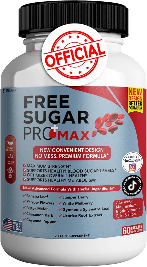 Free Sugar Pro Max Todas as fórmulas naturais para manter níveis saudáveis, Fórmula diária de força máxima, Sangue Açúcar Avaliações de saúde (1 Pack - 60 cápsulas)