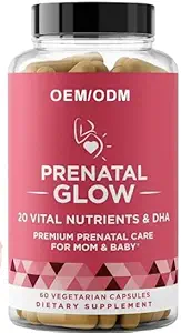 Pré-natal Glow Vital Nutrients & DHA - Cuidado pré-natal Premium para a mãe e bebê pré-natal para mulheres para apoiar o desenvolvimento fetal, uma gravidez mais agradável 1 mês fornece 60 cápsulas