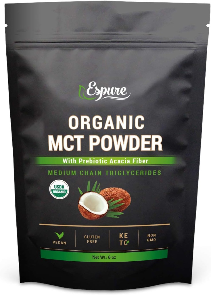 Pó orgânico MCT - USDA Certificado, com Prebiótico Fibra de Acácia; Keto Friendly, Vegan, Glúten Livre; 8 onças