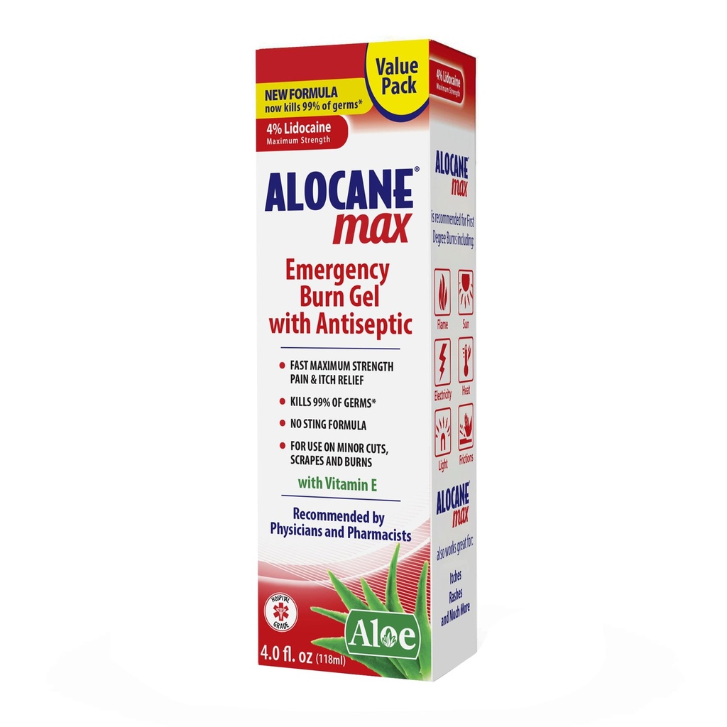 Gel de queima de emergência Alocano Max, 4% de cloreto de lidocaína, .13% de cloreto de benzalcónio, alívio máximo de força, alívio de comichão, para queimaduras solares, cozinha, radiação, química, queimaduras de primeiro grau, 4 Fl Oz
