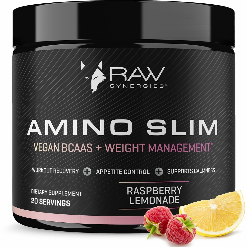 Sinergias RAW Amino Slim - Suplemento Estilo de Vida Activo para apoio Metabólico & Mindful Comer - Músculo & Apoio Energia - Açúcar-Free & Vegan - Limonada de framboesa - 20 Servings