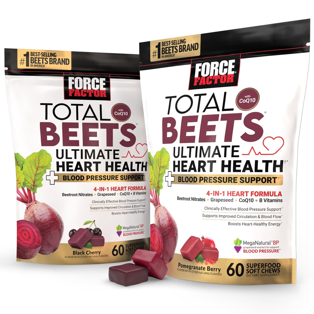 Pacote do fator de força beterrabas totais Ultimate Heart Health Blood Pressure Support Chews with CoQ10, Beet Root Powder, Extrato de semente de uva, Suplemento de pressão sanguínea para circulação e fluxo de sangue, 120 macio