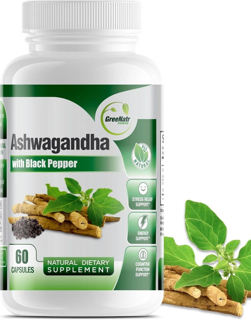 GreeNatr Organic Ashwagandha Cápsulas com Pimenta Preta para Absorção Melhorada - Enhancer de Humor com Energia e Função Cognitiva - 1300 mg Cápsulas Veggie (1 frasco)