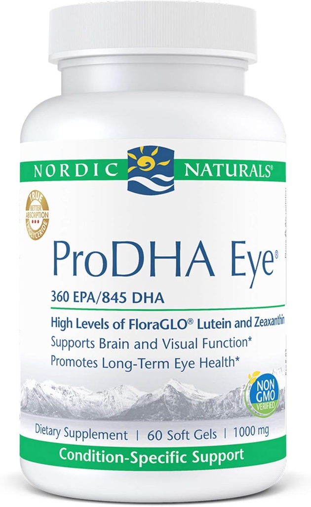 Nórdico Naturals ProDHA Olho - óleo de peixe, 360 mg EPA, 845 mg DHA, 20 mg FloraGLO Lutein, 4 mg Zeaxanthin, Suporte para função neurológica e saúde ocular de longo prazo*, 60 geles macios