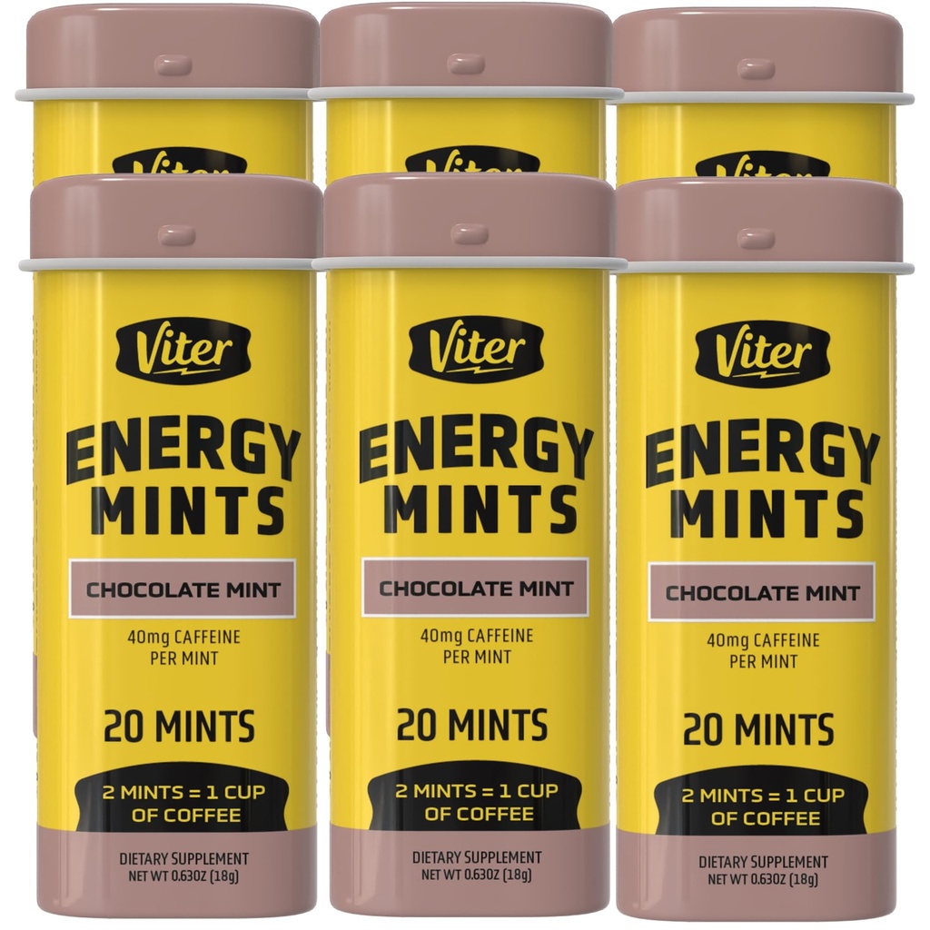 Viter Energia Menta Cafeinada 40mg Cafeína, B Vitaminas, Açúcar Livre. (Chocolate Mint, 20pcs, 6 Pack)