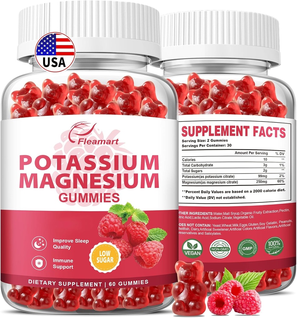 Pigmentos de magnésio de potássio Citrato de potássio 99mg Citrato de magnésio 250mg Suplemento Complexo de potássio de magnésio, Suporte Imune, 60 gomas de framboesa 2 Pack