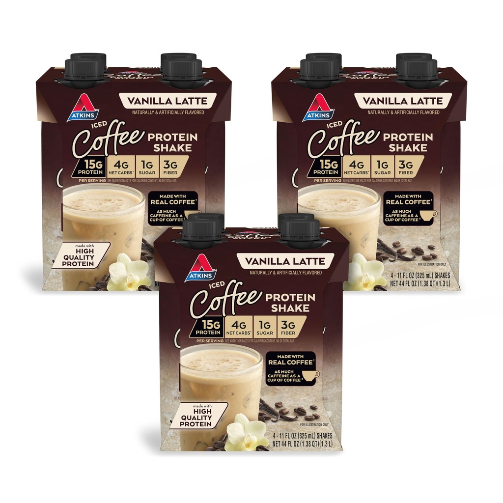 Atkins Coffee Vanilla Latte Protein Shake, 15g Protein, Low Glycemic, 4g Net Carb, 1g Sugar, Keto Friendly, 12 pacotes de 11 fl Oz