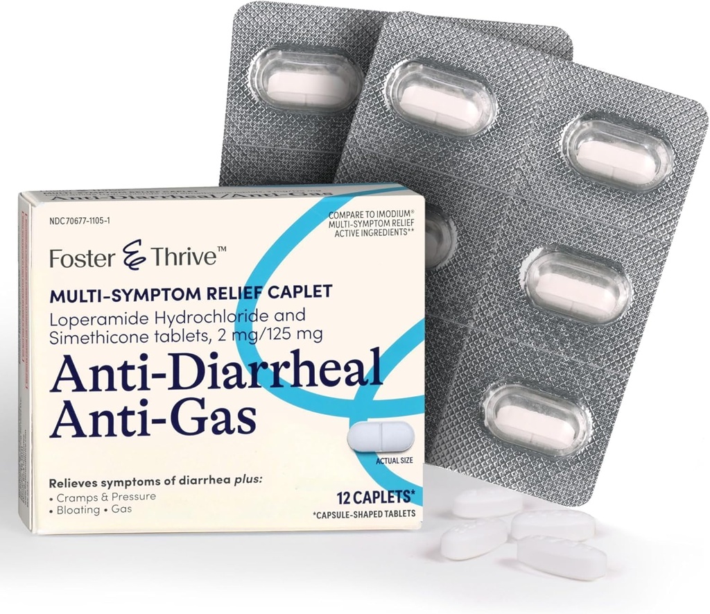 Foster & Thrive Loperamida Hidrocloreto e Simethicone Anti Diarreia Anti-Gás Multi-Symptom Alívio, 48 Caplets, Tratamento de Diarreia, Gás, Bloating, Cães & Pressão, 12 Caplets (Pacote de 4)