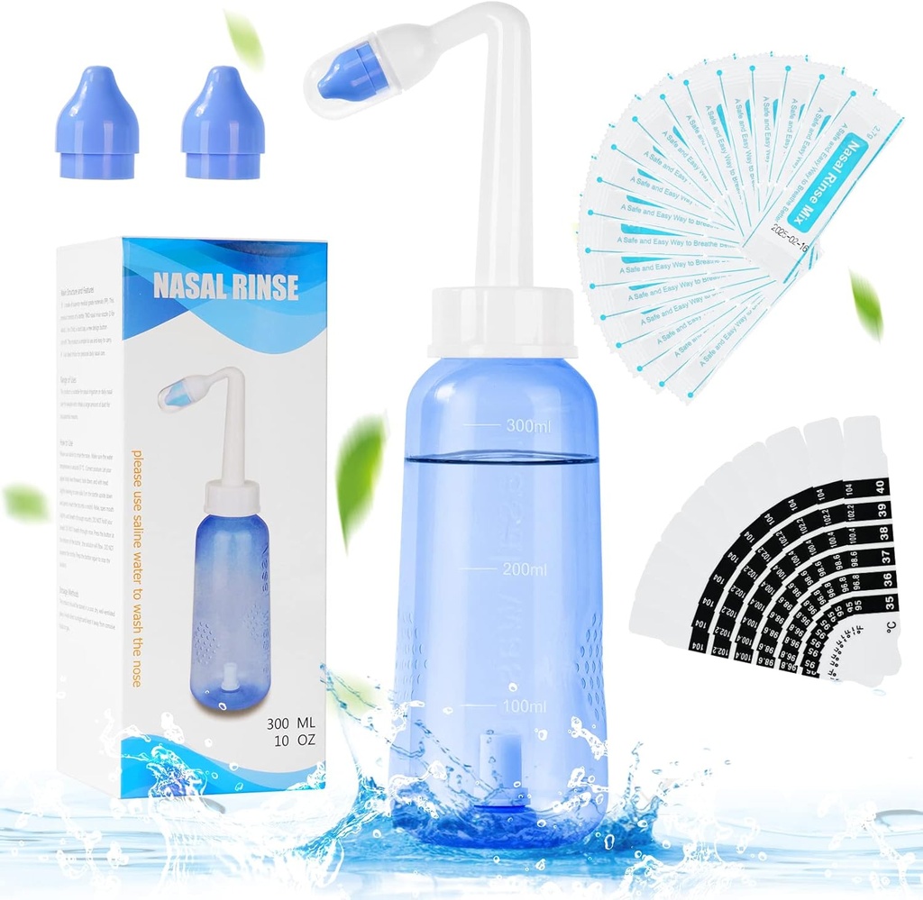 URAQT Neti Pot, Nasal Rinse Kit Nase Wash Cleaner, 300ml Sinus Rinse Garrafa com 20 pacotes de sal de lavagem nasal e 10 termômetro Sticker, Pressão Rinse Irrigação nasal para adulto e Kid BPA Free