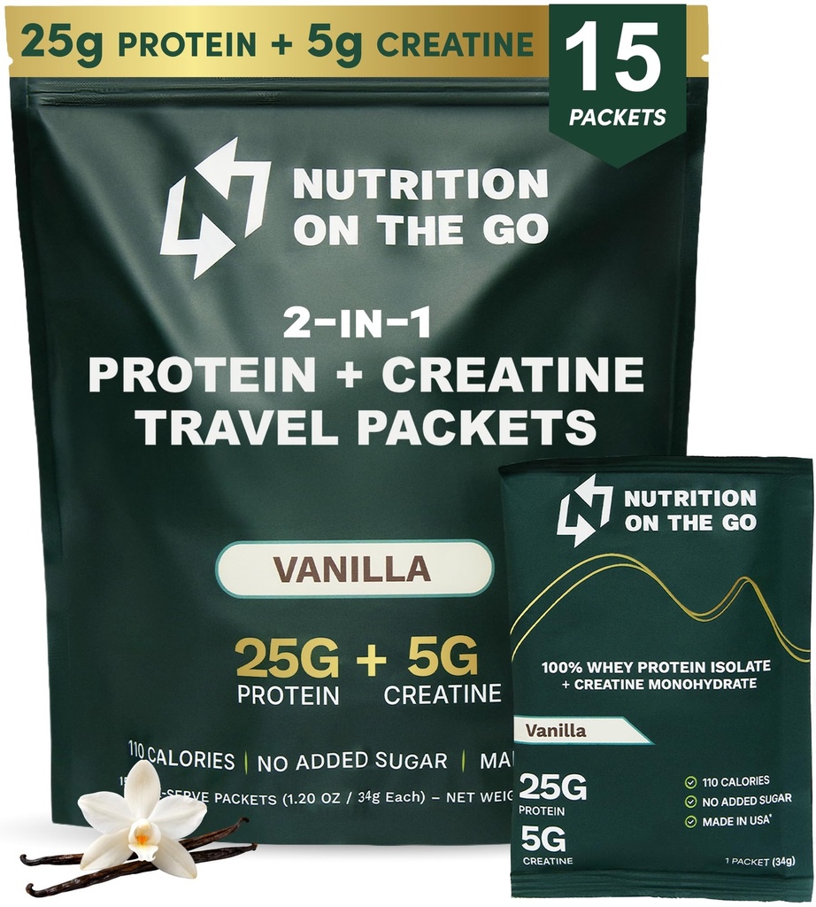 Nutrição na Go Whey Protein Isolate Packets com Creatina – 25g Protein + 5g Creatina – Pó de proteína de viagem de serviço único – Vanilla (15-Pack)